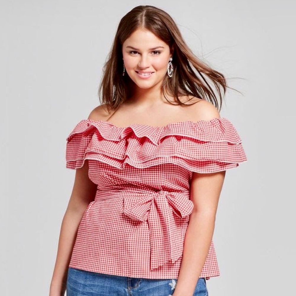 XL Who What Wear Off the Shoulder Gingham Top